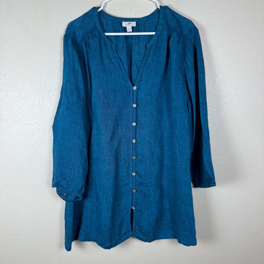Pure Jill J. Jill Womens XL Teal Blue 100% Linen Button Front V-Neck Tunic Top